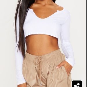 White Long Sleeve Rib Raw V Crop Top